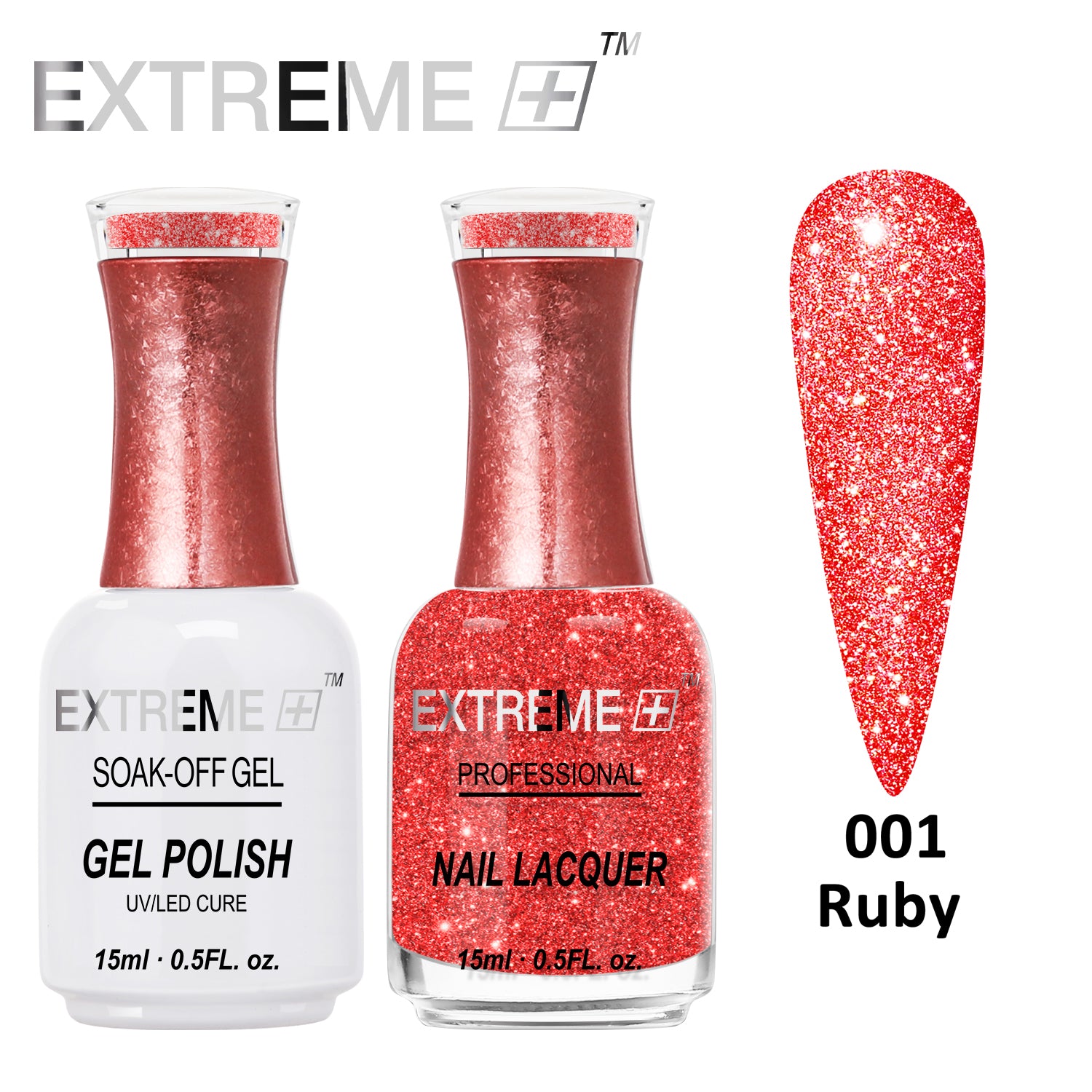 EXTREME+ Đèn pin trên Nail Bộ đôi Gel lấp lánh phản quang - #001 Ruby