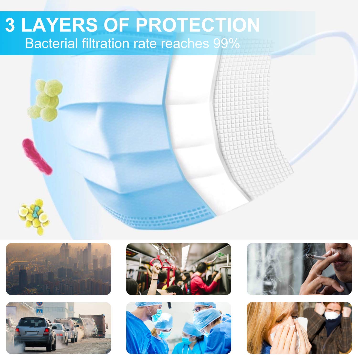 50 Pcs Non-Woven Face Mask Blue Disposable 3 Ply