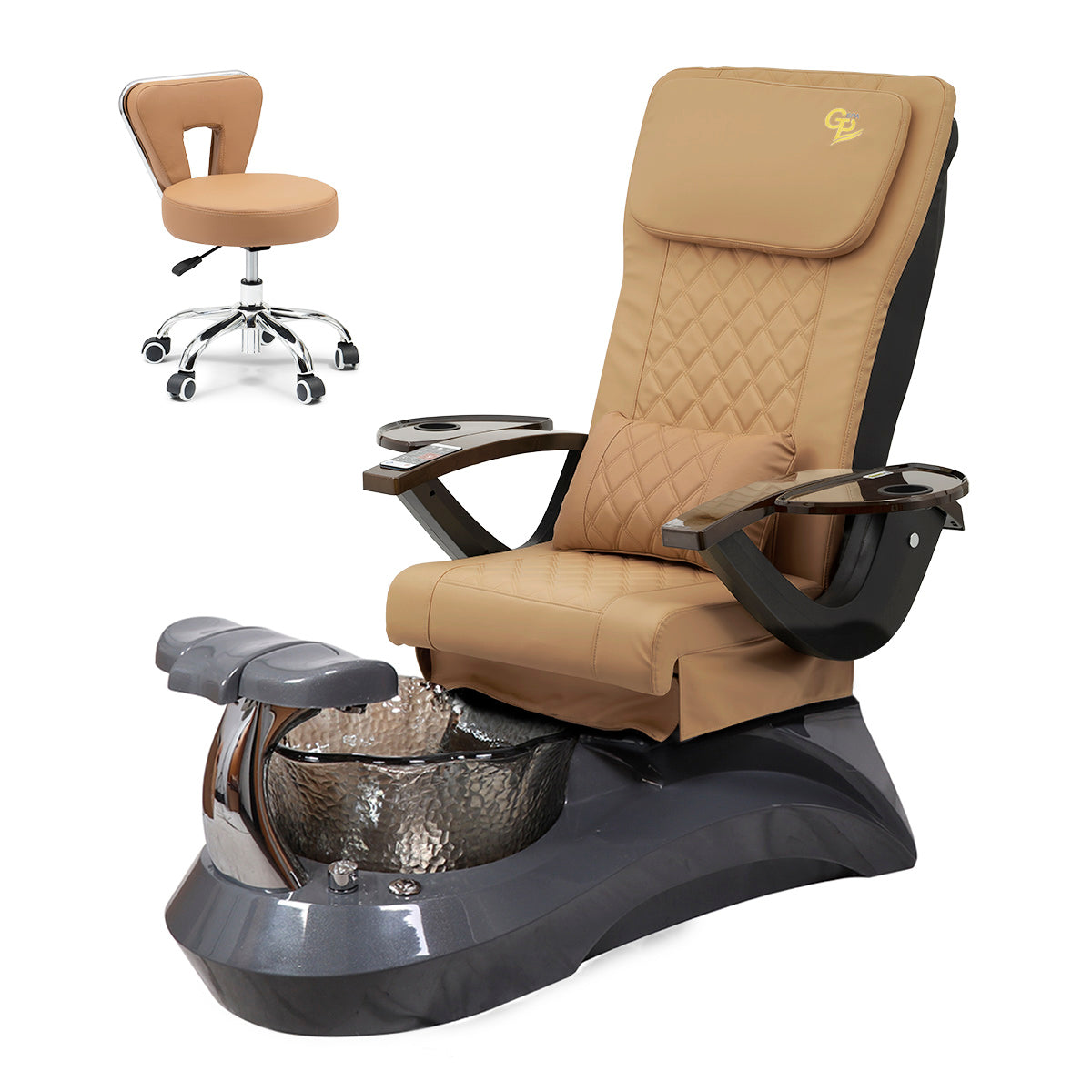 Falcon Pedicure Spa Chair Complete Set with Pedi Stool - Gray Base - Black Bowl - C01 Leather