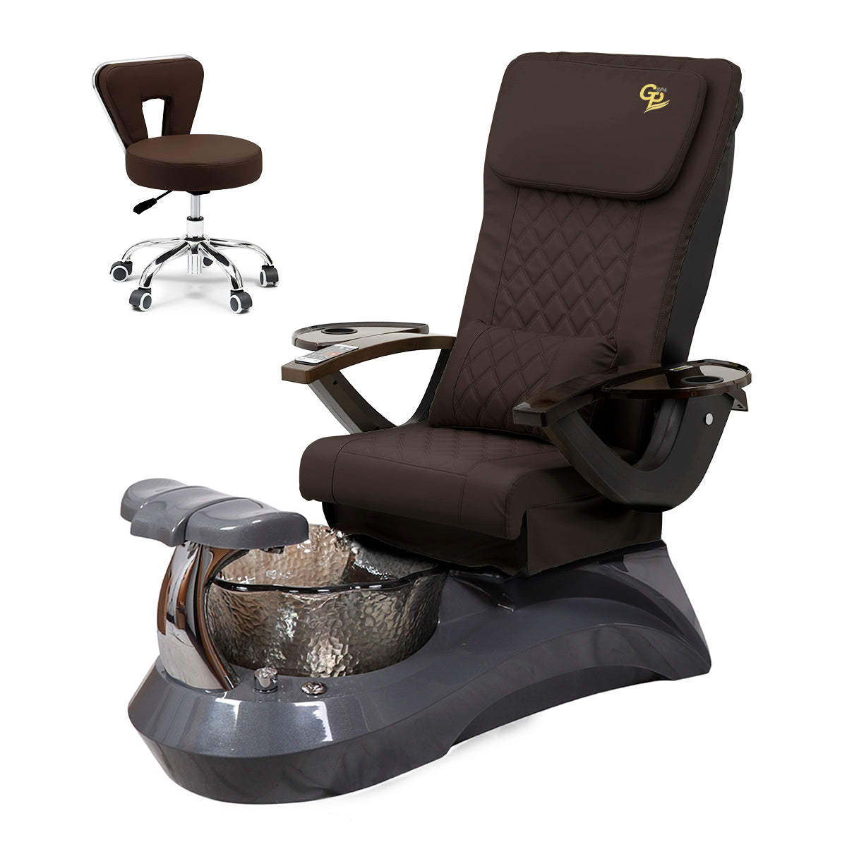 Falcon Pedicure Spa Chair Complete Set with Pedi Stool - Gray Base - Black Bowl - C01 Leather