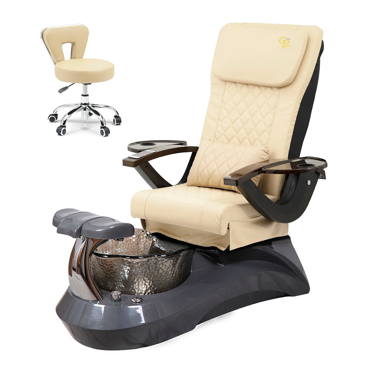 Falcon Pedicure Spa Chair Complete Set with Pedi Stool - Gray Base - Black Bowl - C01 Leather