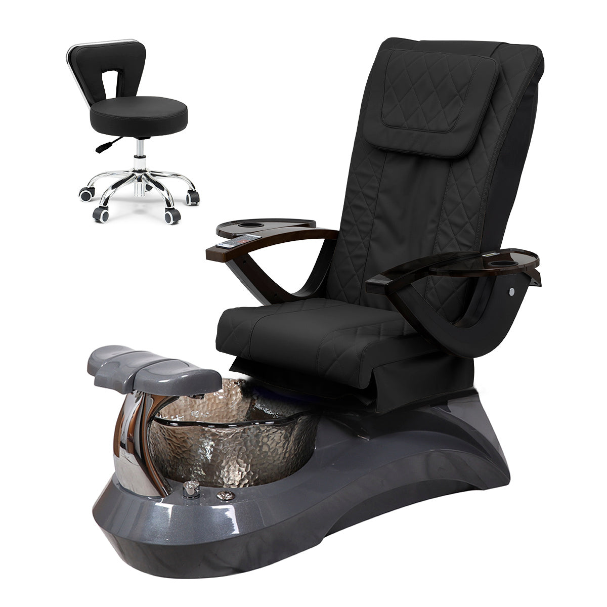 Falcon Pedicure Spa Chair Complete Set with Pedi Stool - Gray Base - Black Bowl - Diamond Leather