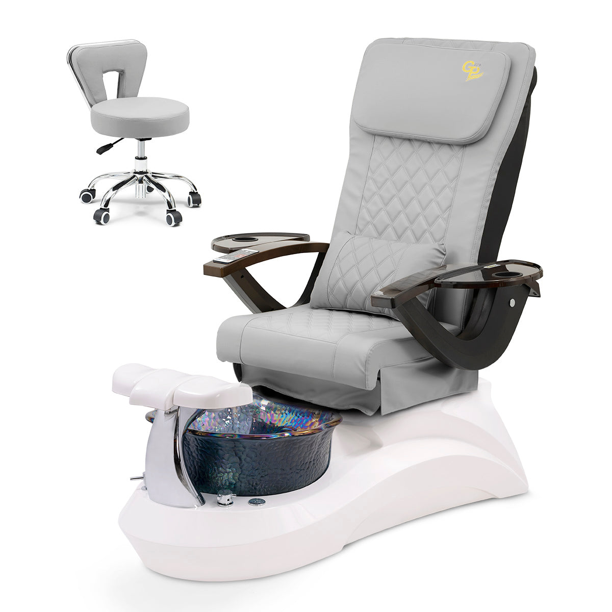 Falcon Pedicure Spa Chair Complete Set with Pedi Stool - White Base - Black Bowl - C01 Leather