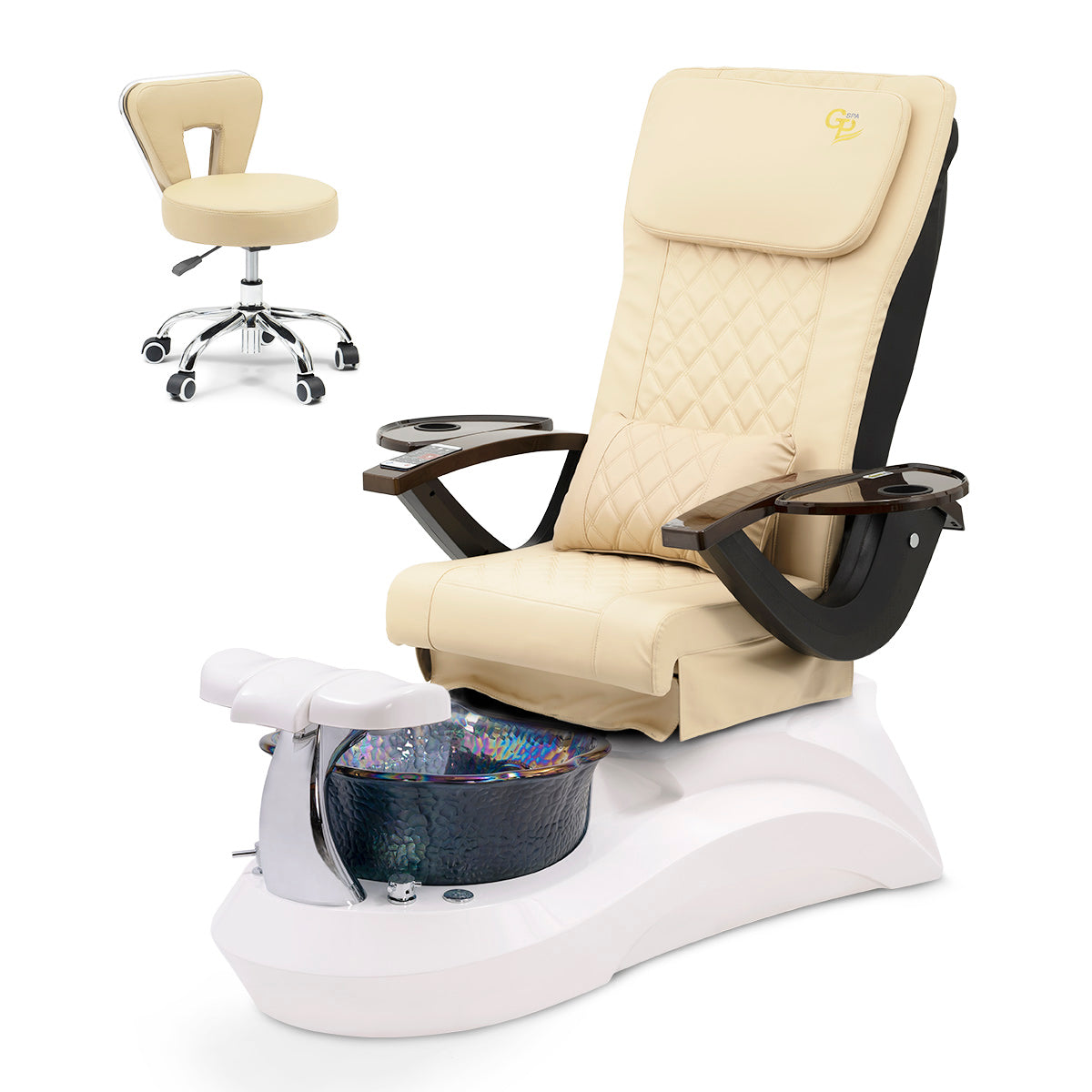 Falcon Pedicure Spa Chair Complete Set with Pedi Stool - White Base - Black Bowl - C01 Leather