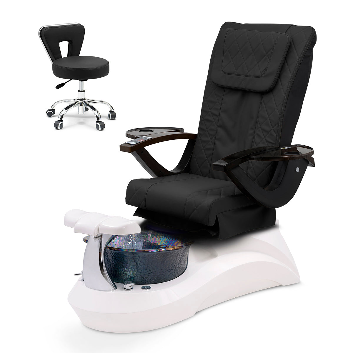 Falcon Pedicure Spa Chair Complete Set with Pedi Stool - White Base - Black Bowl - Diamond Leather