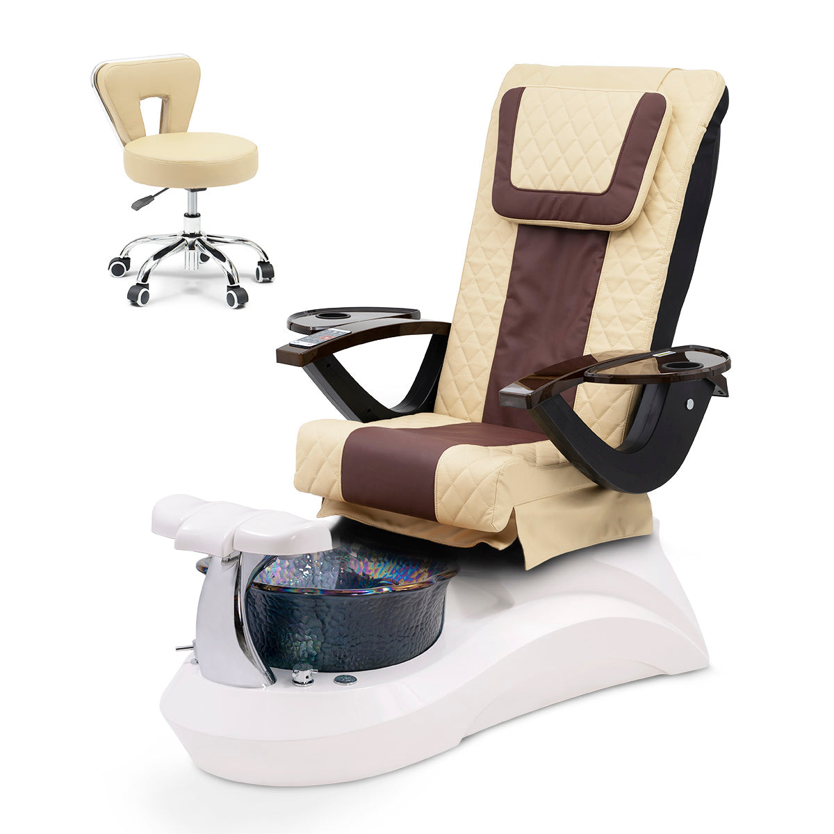 Falcon Pedicure Spa Chair Complete Set with Pedi Stool - White Base - Black Bowl - Diamond Leather