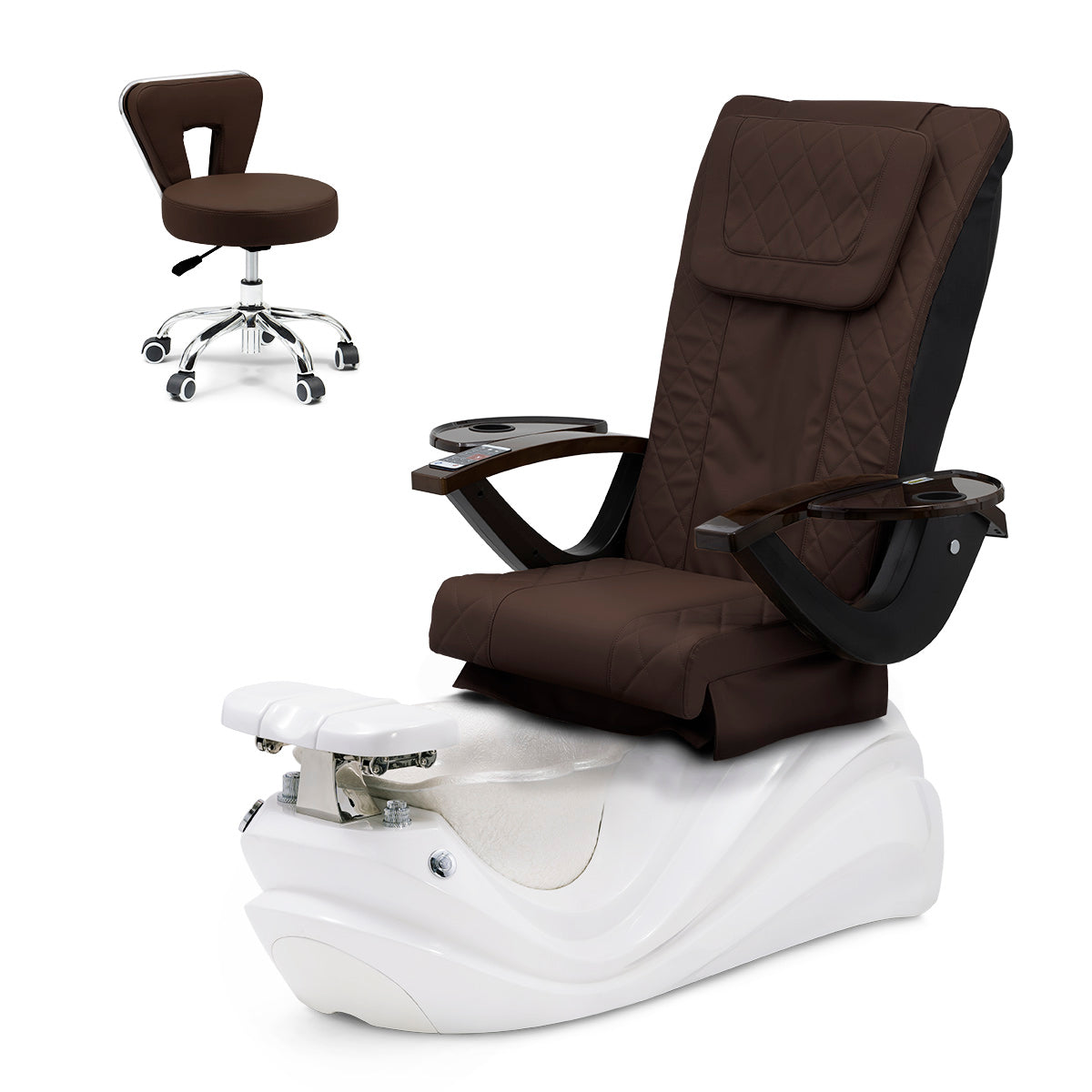 Lotus Pedicure Spa Chair Complete Set with Pedi Stool - White Base - Pearl White Resin Bowl - Diamond Leather