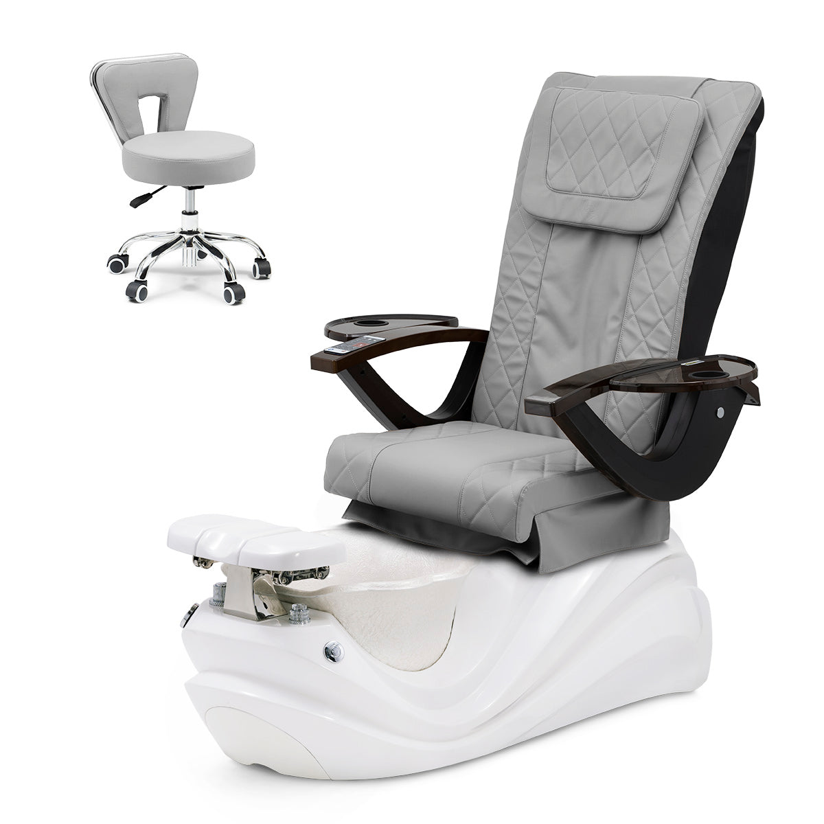 Lotus Pedicure Spa Chair Complete Set with Pedi Stool - White Base - Pearl White Resin Bowl - Diamond Leather