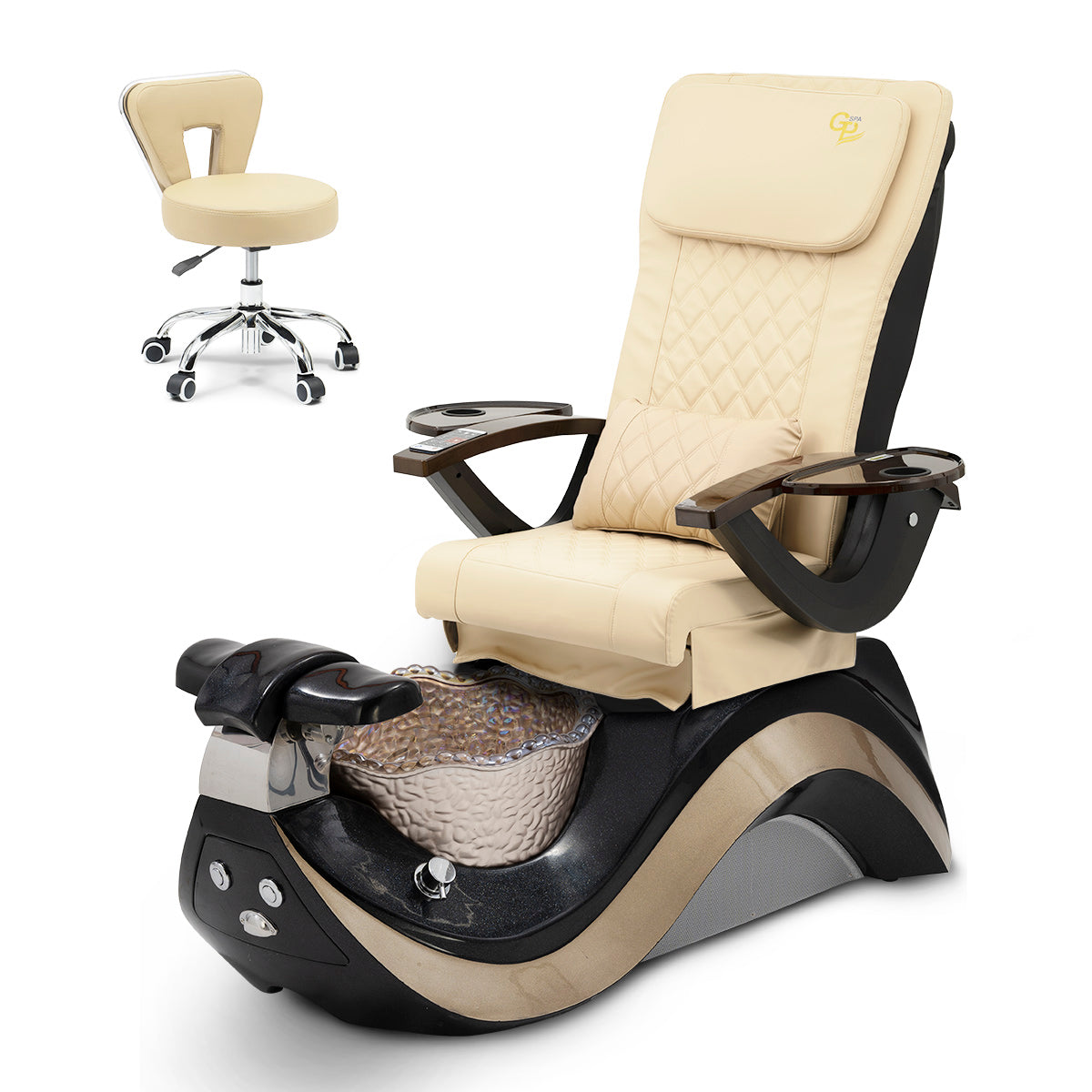 Robin Pedicure Spa Chair Complete Set with Pedi Stool - Black Base - Gold Bowl - C01 Leather