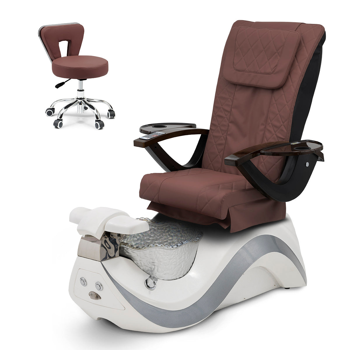 Robin Pedicure Spa Chair Complete Set with Pedi Stool - White Base - Silver Bowl - Diamond Leather