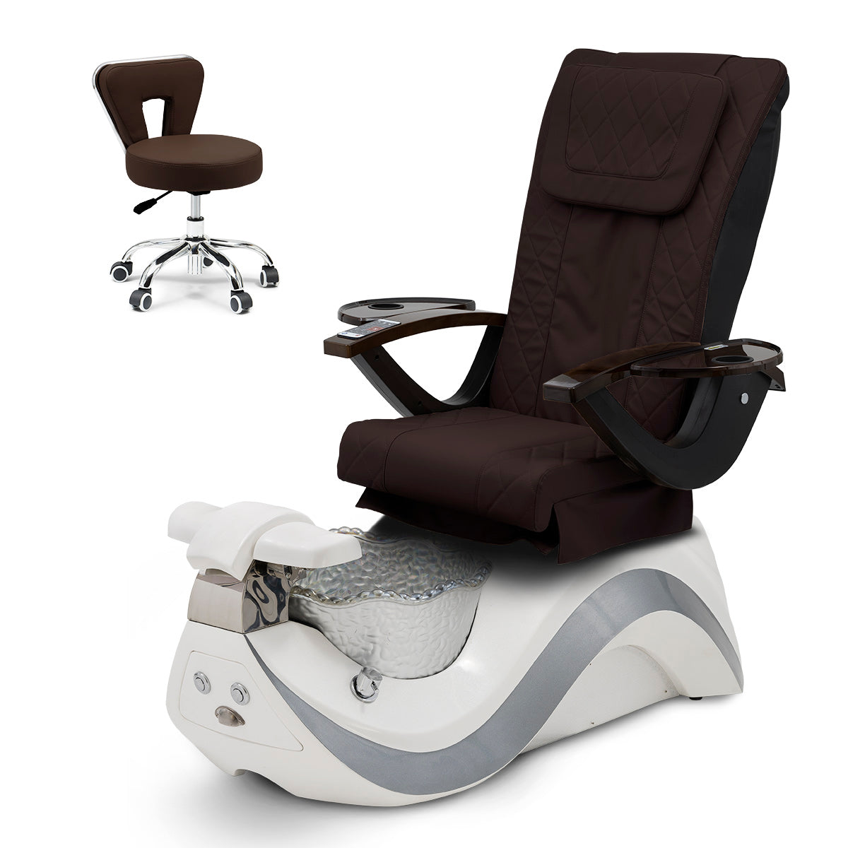 Robin Pedicure Spa Chair Complete Set with Pedi Stool - White Base - Silver Bowl - Diamond Leather