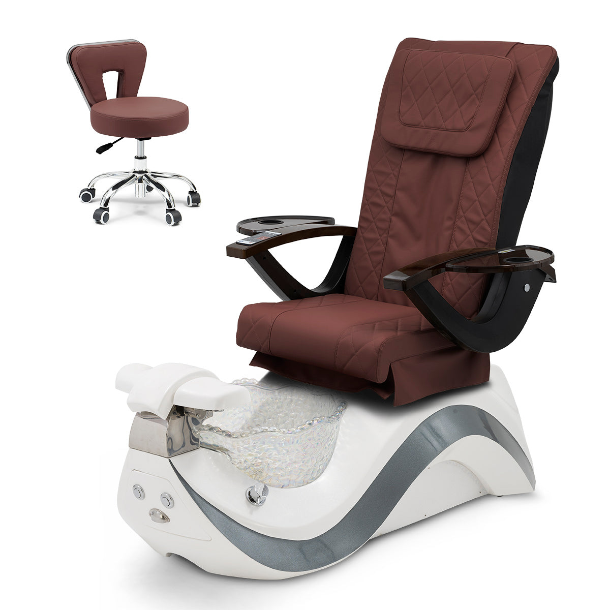 Robin Pedicure Spa Chair Complete Set with Pedi Stool - White Gray Base - Clear Bowl - Diamond Leather