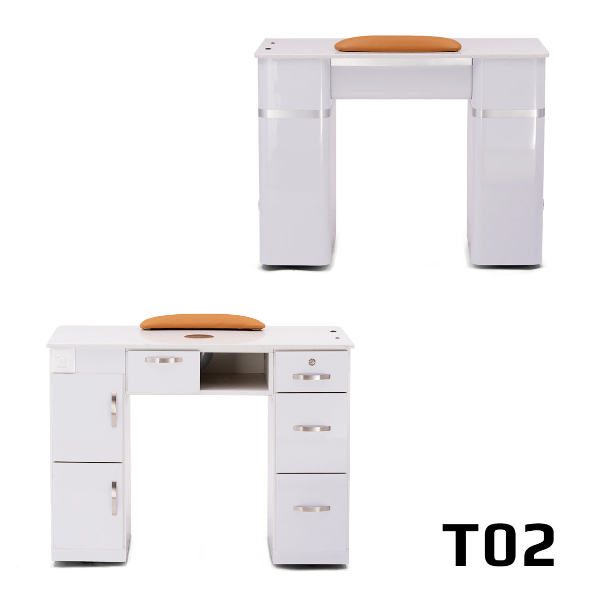 Nail Table - T02W - with Vent Hood - White Shiney Silver