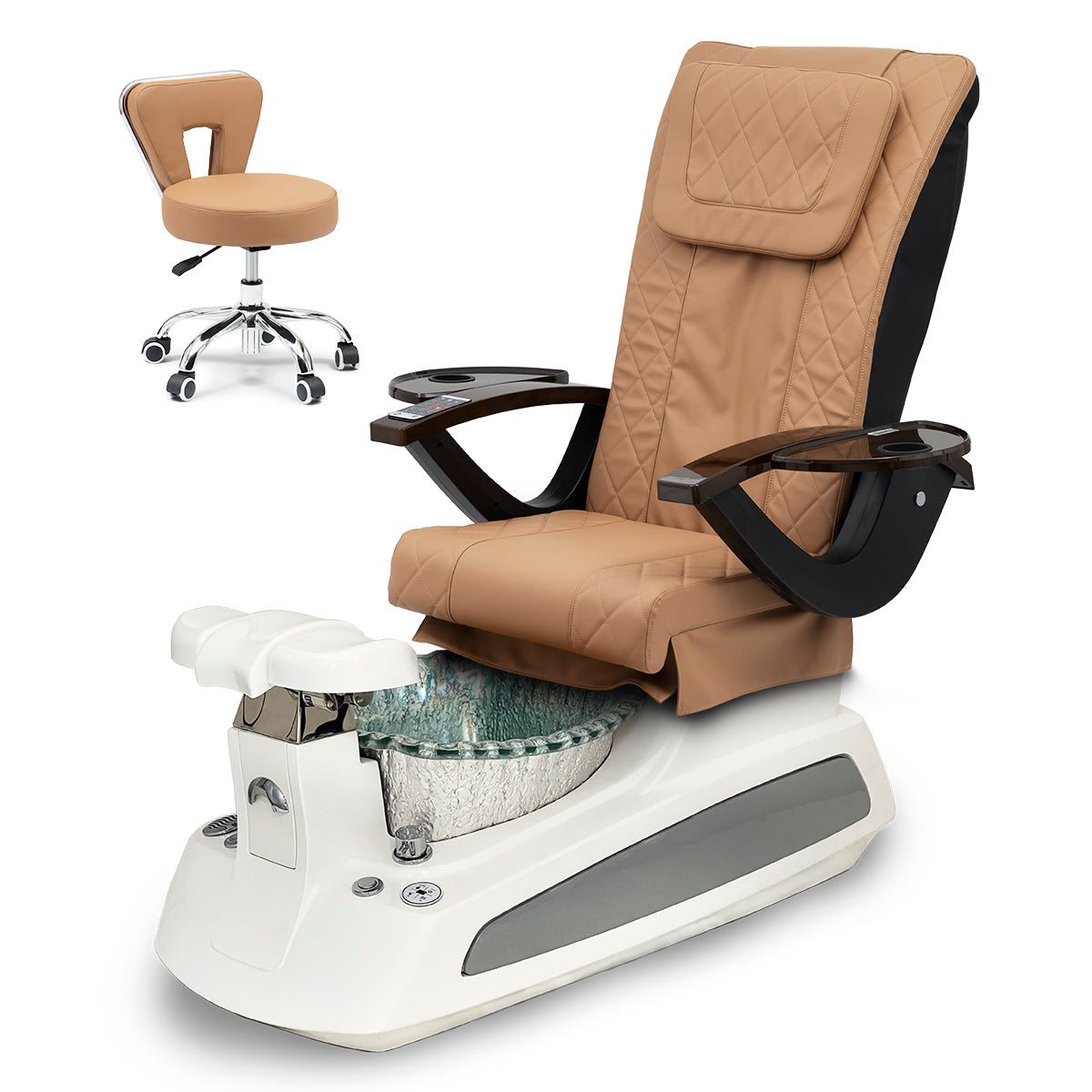 BM21 Pedicure Spa Chair Complete Set with Pedi Stool - White Base - Silver Bowl - Diamond Leather