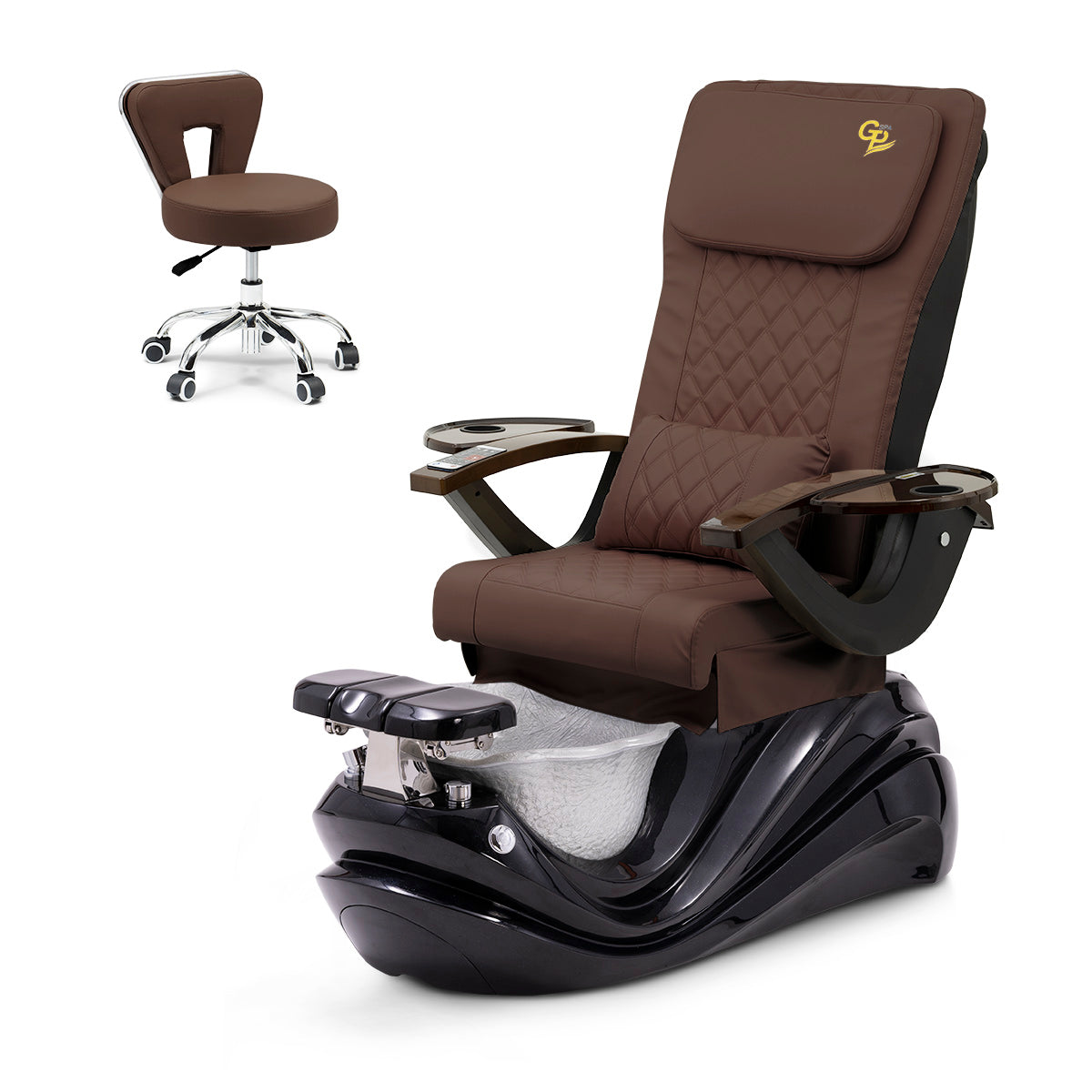 Lotus Pedicure Spa Chair Complete Set with Pedi Stool - Black Base - Silver Resin Bowl - C01 Leather