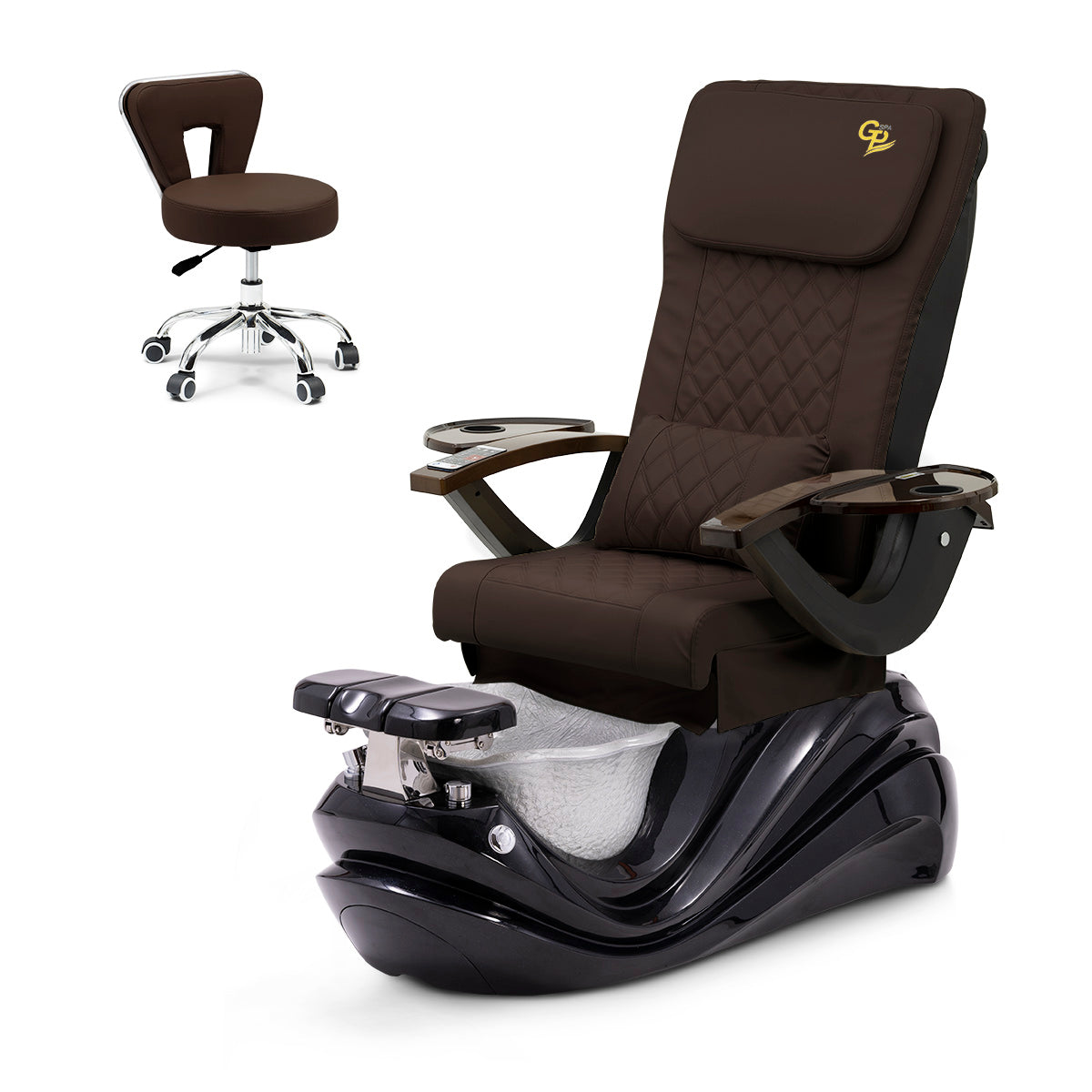 Lotus Pedicure Spa Chair Complete Set with Pedi Stool - Black Base - Silver Resin Bowl - C01 Leather