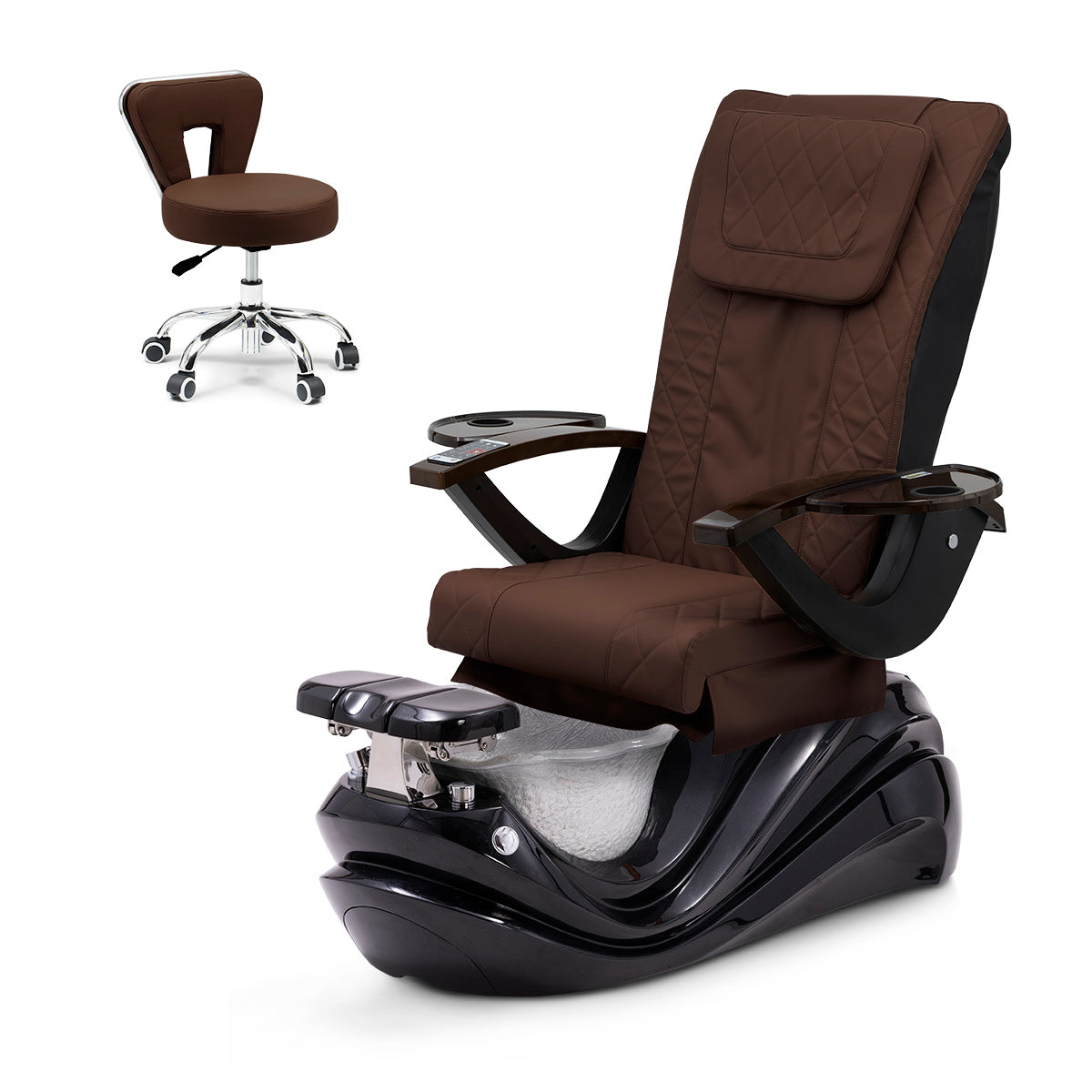 Lotus Pedicure Spa Chair Complete Set with Pedi Stool - Black Base - Silver Resin Bowl - Diamond Leather