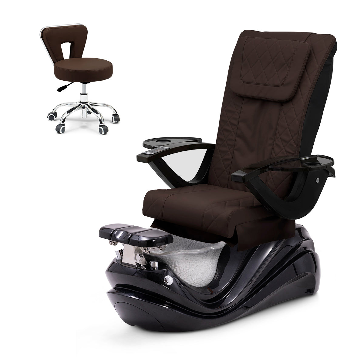 Lotus Pedicure Spa Chair Complete Set with Pedi Stool - Black Base - Silver Resin Bowl - Diamond Leather